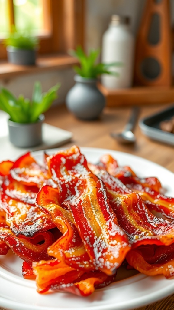 Crispy air fryer bacon strips on a plate, set in a rustic kitchen.